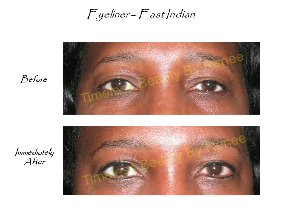 A before and after picture of a woman with eyeliner