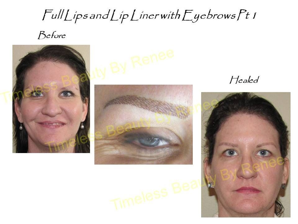 A before and after photo of a woman with full lips and lip liner with eyebrows