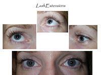 A close up of a woman 's eyes with lash extensions.