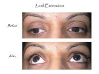 A before and after photo of a woman 's eyes with lash extensions.