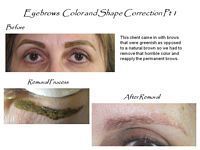 A before and after picture of a woman 's eyebrows color and shape correction.