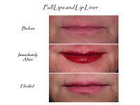 A before and after picture of a woman 's lips with lip liner.