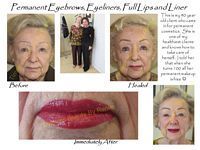 A woman is getting permanent eyebrows , eyebrows , full lips and liner.