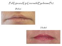 A before and after picture of a woman 's lips and eyebrows.