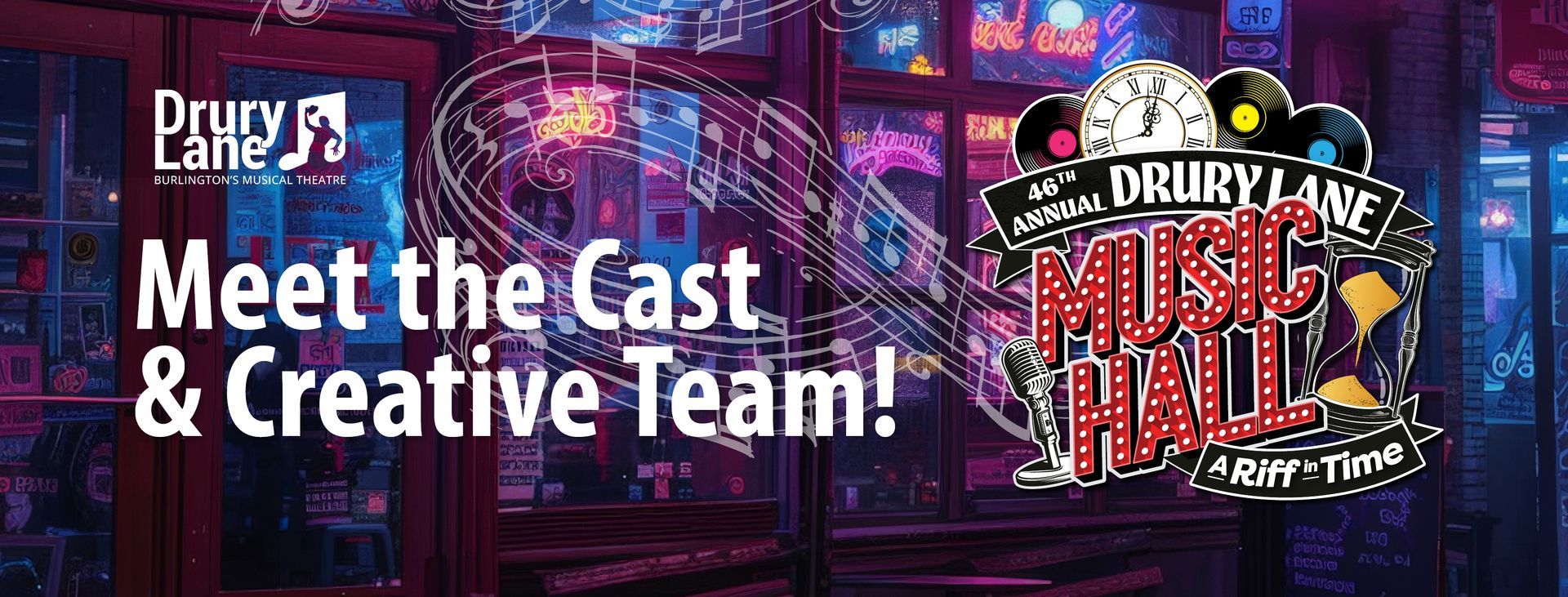 “Meet the Cast & Creative Team” poster for Dirty Dancing: The Musical, with neon city lights and the logo.