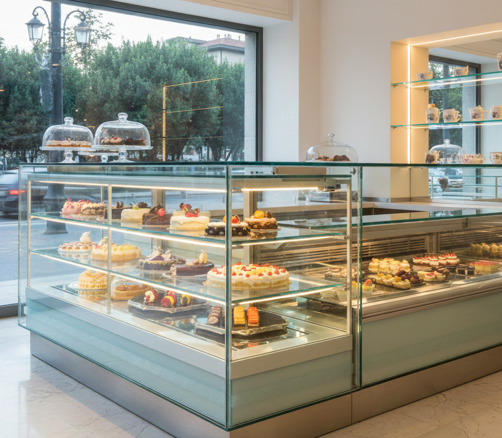 Vetrina di pasticceria piena di torte in una panetteria, accanto a una grande finestra.