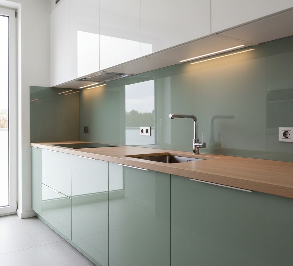 Cucina moderna con mobili verde chiaro, piano di lavoro in legno e rubinetto in acciaio inossidabile.