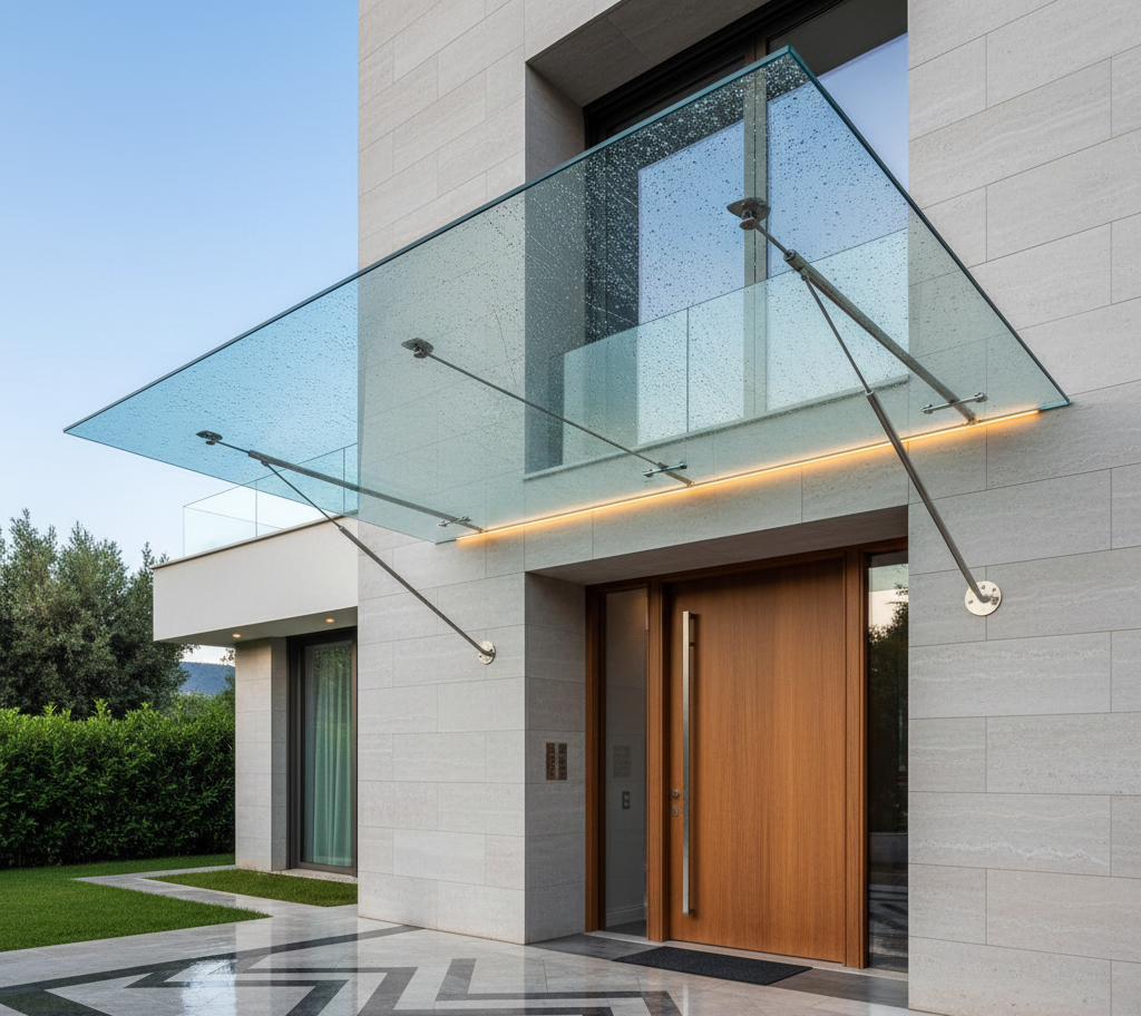 Ingresso di casa moderno con pensilina in vetro, porta in legno e facciata in pietra.