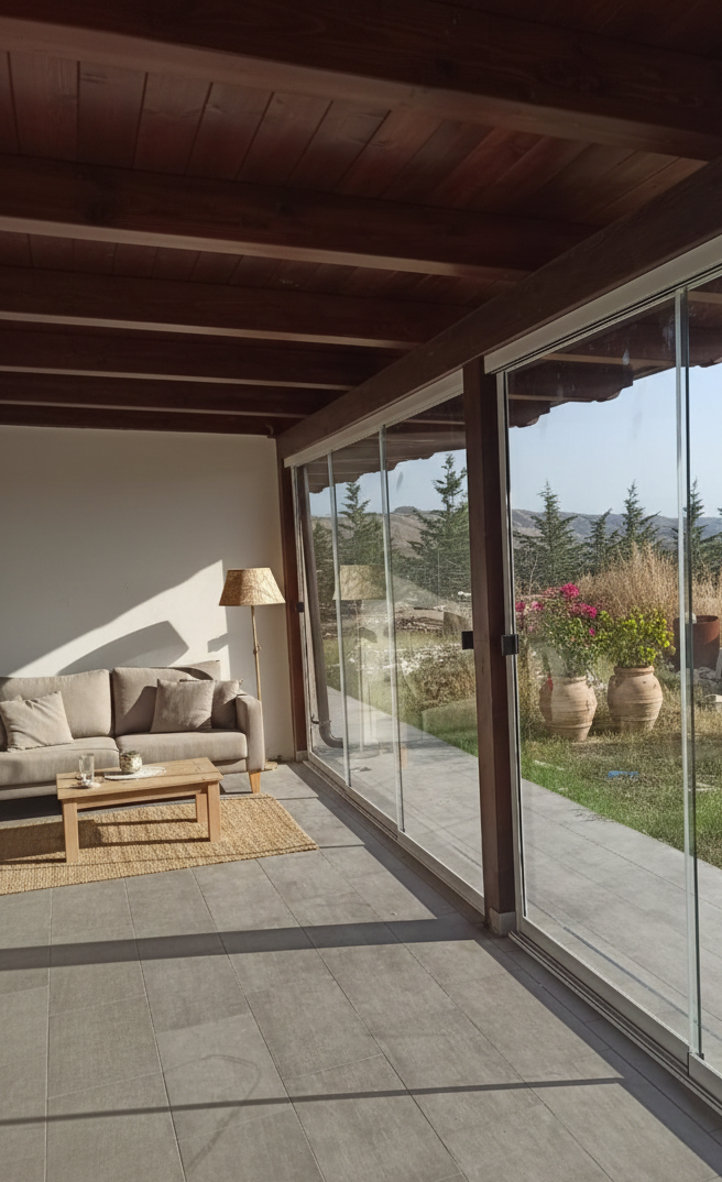Porta scorrevole in vetro, ferramenta montata a parete. Vista interna di una casa moderna con cucina e soggiorno.