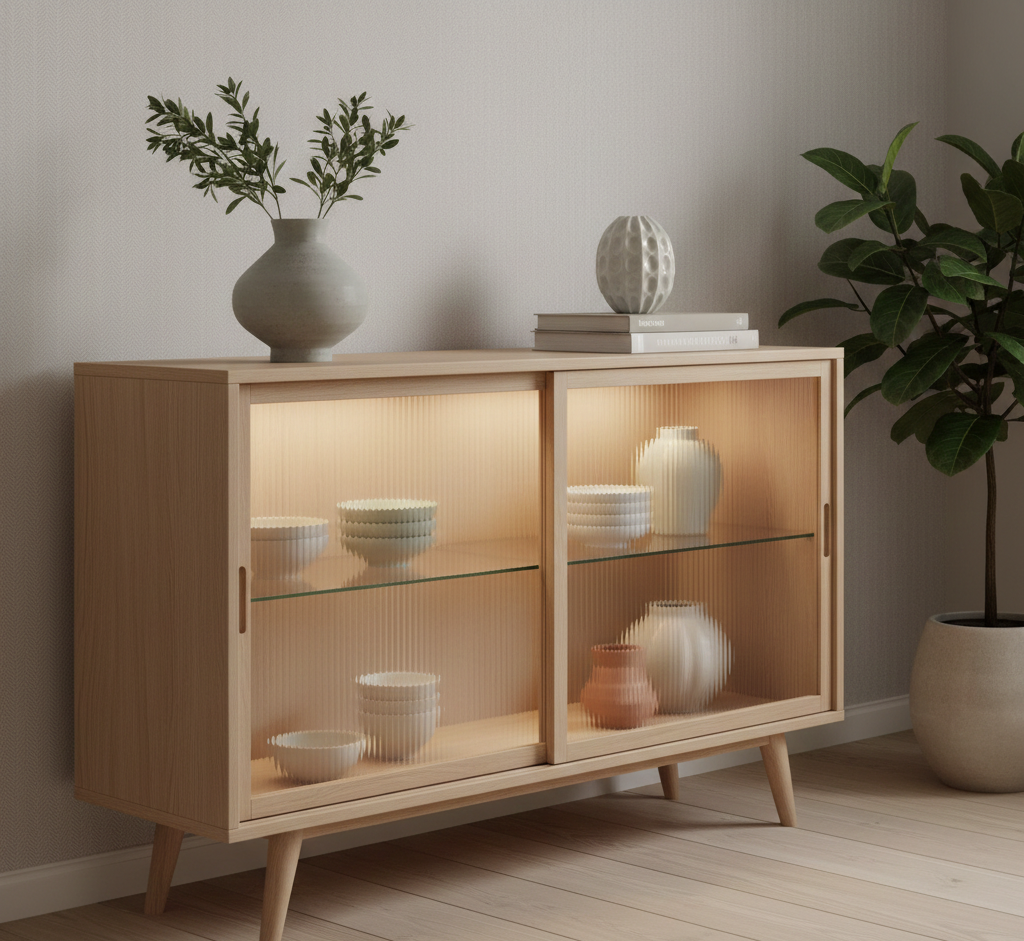 Mobiletto in legno con ante in vetro, che espone ceramiche e piante su un pavimento in legno chiaro.