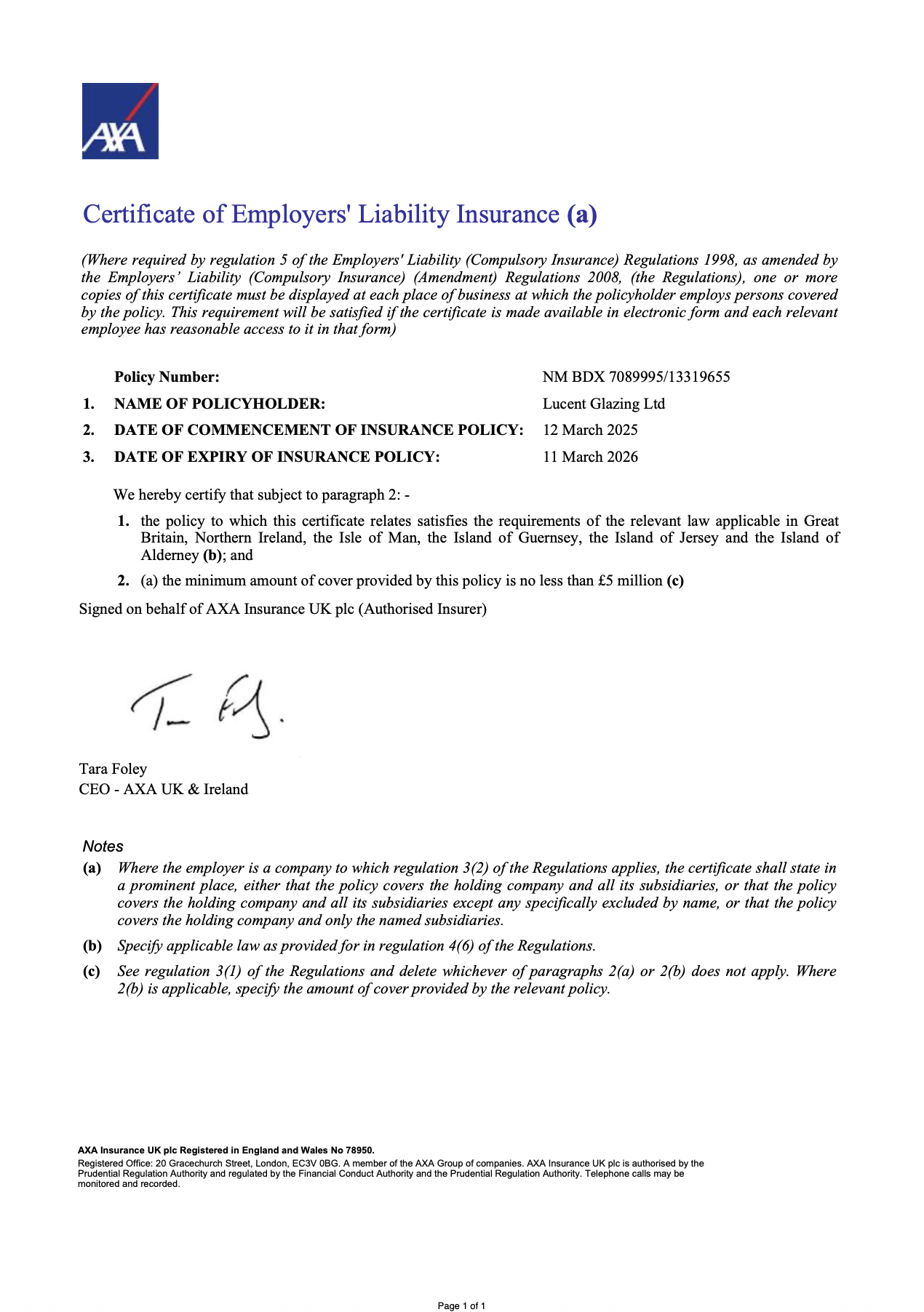 Lucent Glazing Liability Insurance Certificate