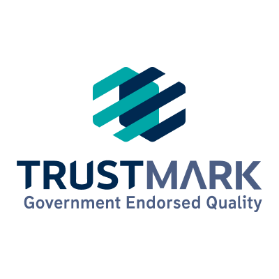 TrustMark logo with a teal and blue hexagon shape and the text 