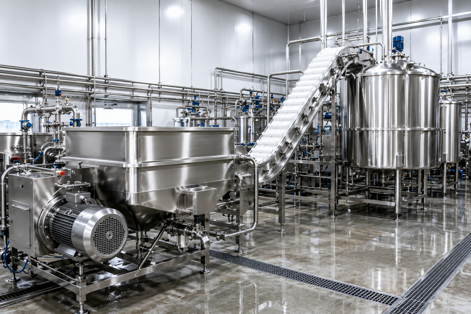 Industrial food processing plant with stainless steel tanks, pipes, and a conveyor on a wet floor