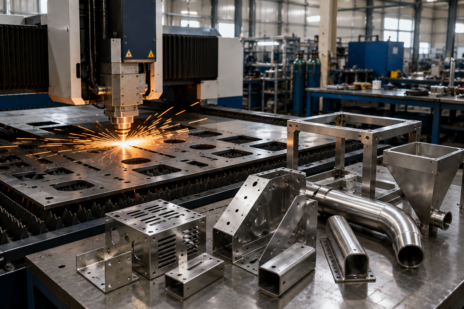 Laser cutting metal sheets in an industrial workshop, with sparks and machined parts on a workbench.