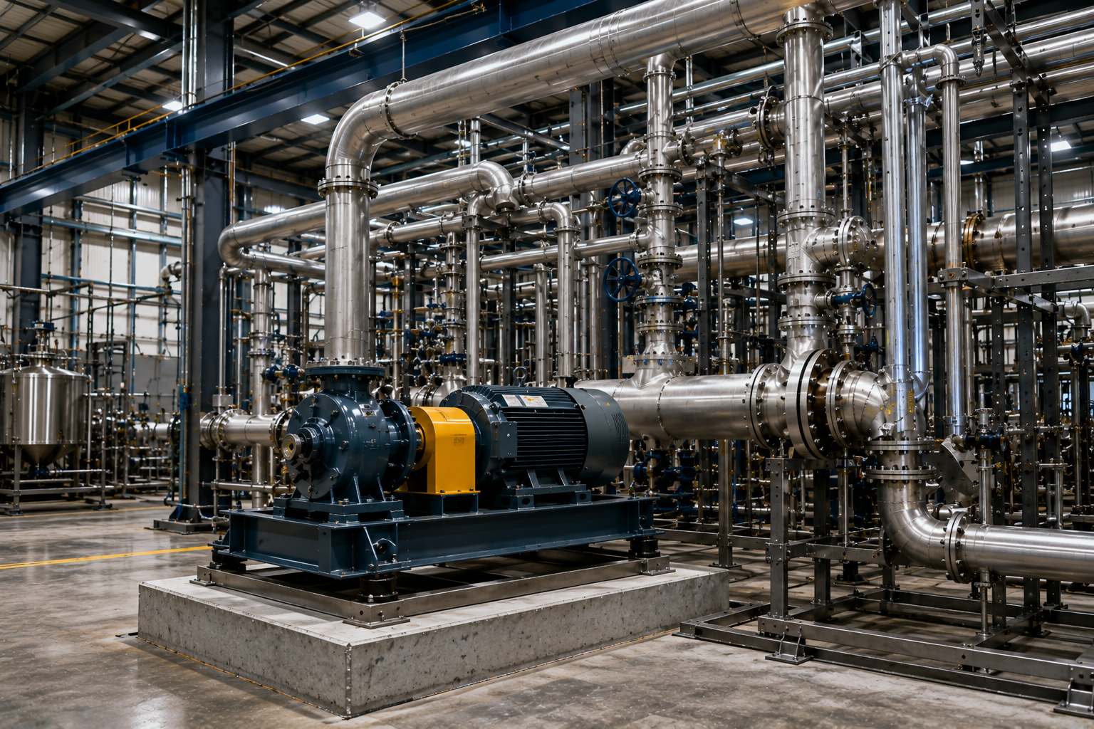 Industrial pump and metal piping in a factory plant interior