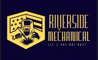 Riverside Mechanical logo in gold on dark blue, with a shield, stars, and American flag motif.