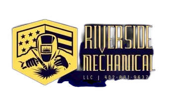 Riverside Mechanical logo in gold and black with a shield, stars, and tool emblem; LLC and phone number included