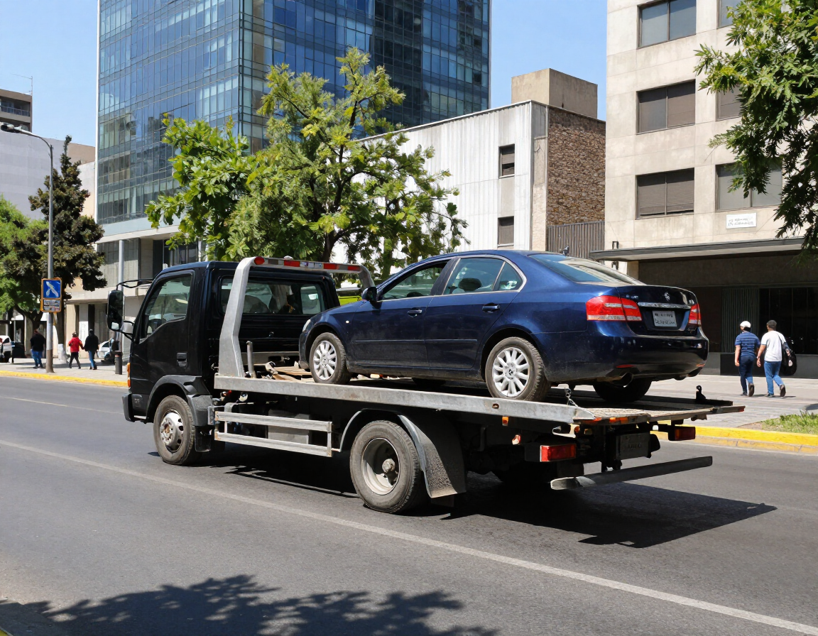 Una grúa que transporta un sedán azul por una calle de la ciudad, cerca de edificios modernos