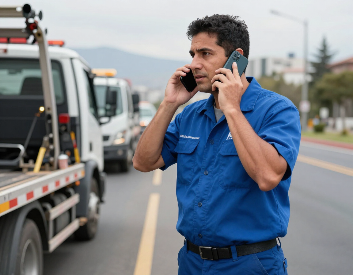 Hombre con uniforme de trabajo azul en la carretera, hablando por dos teléfonos junto a una grúa.