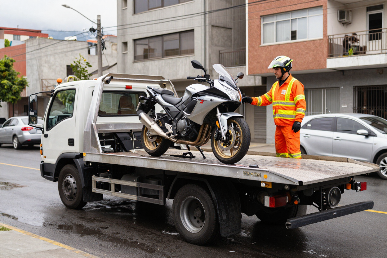 Operario de grúa con ropa naranja cargando una motocicleta dañada en una plataforma de remolque, en una calle lluviosa