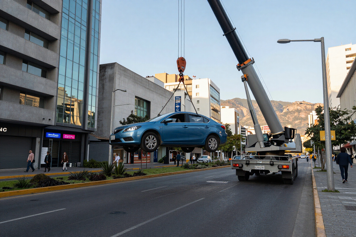 Un coche azul siendo levantado por una grúa en una calle de la ciudad, junto a unos edificios.
