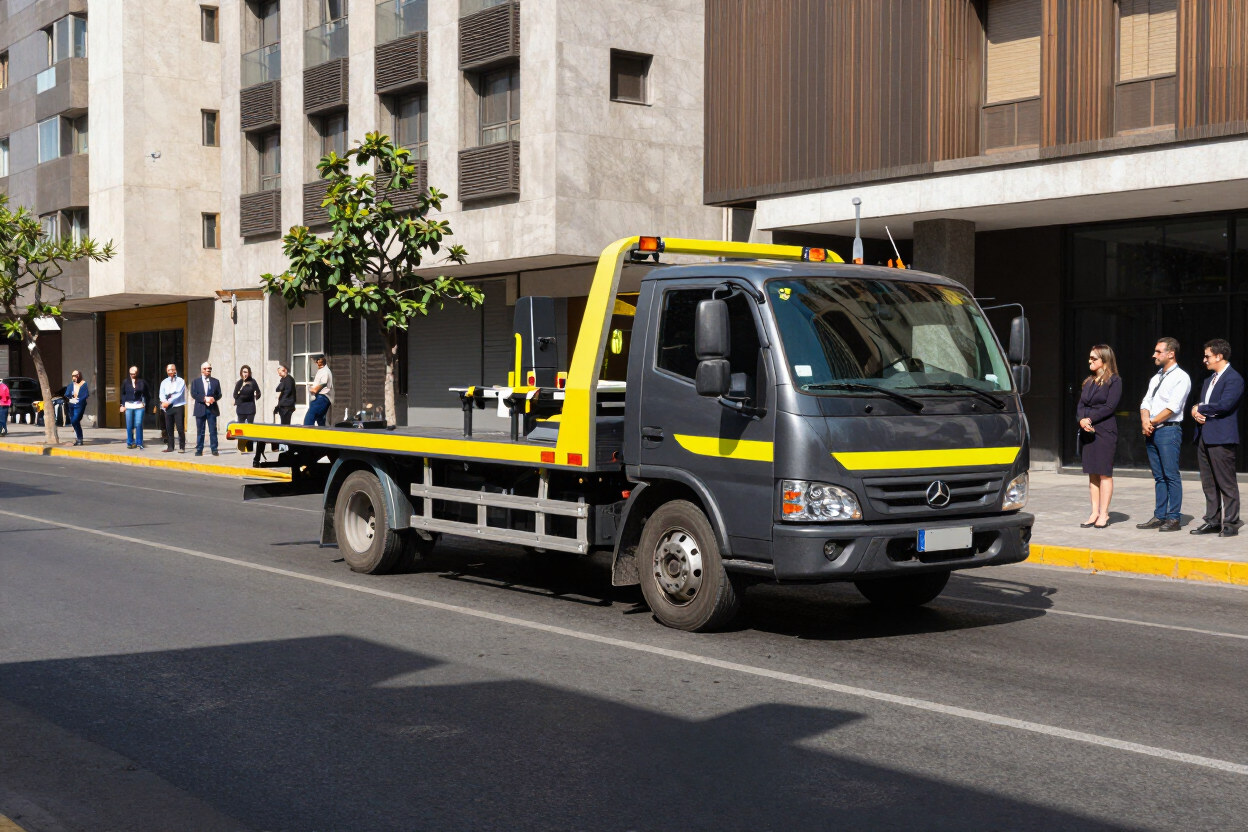Grúa de plataforma amarilla aparcada en una calle de la ciudad, junto a un edificio y con peatones cerca