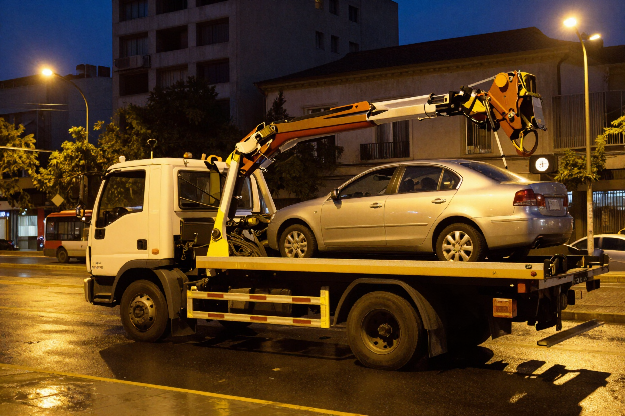 Grúa que transporta un sedán plateado por una calle mojada de la ciudad por la noche