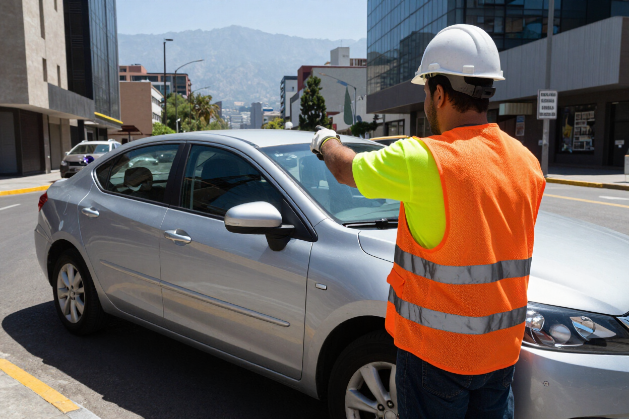 Un trabajador con chaleco naranja de seguridad dirigiendo un sedán plateado en una calle soleada