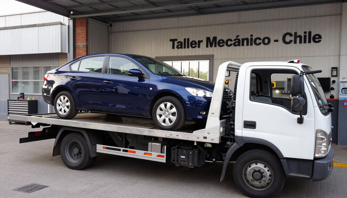 Grúa blanca que transporta un sedán azul frente a un taller mecánico con el letrero «Taller Mecánico - Chile»