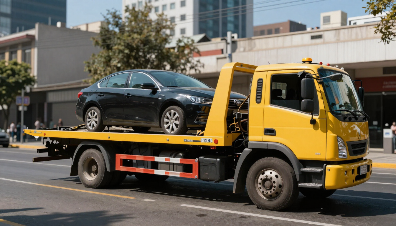 Grúa de plataforma amarilla que transporta un coche gris oscuro por una calle de la ciudad