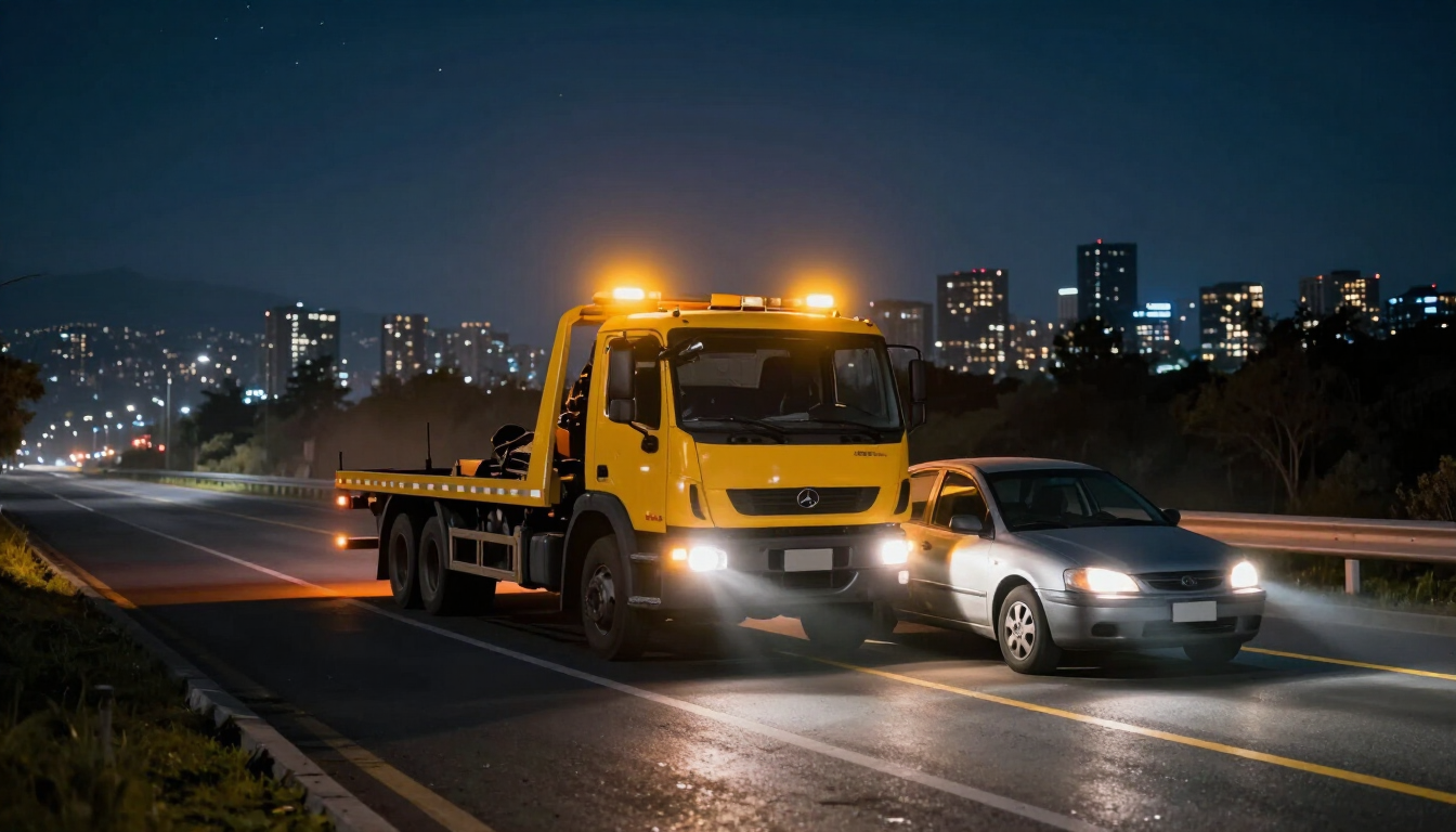 Una grúa amarilla remolca un coche plateado por una carretera mojada de noche, con las luces de la ciudad al fondo