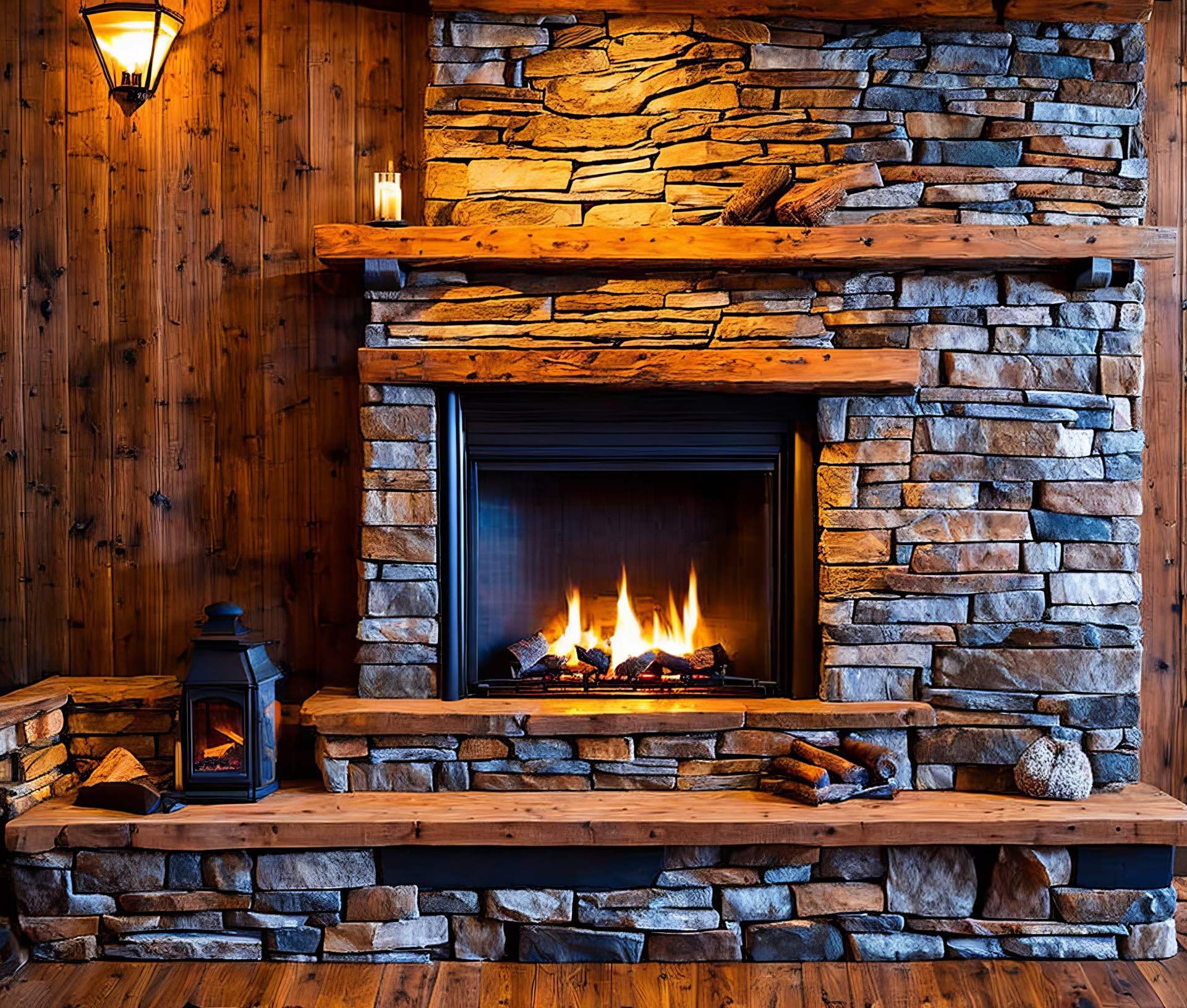 Rustic stone fireplace with a burning fire, wood mantel, and warm wall sconce lighting
