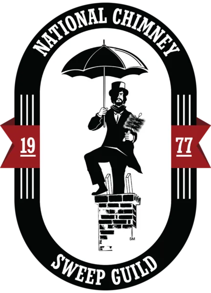 National Chimney Sweep Guild logo with a chimney sweep holding an umbrella on a brick chimney, flanked by 1977 ribbons