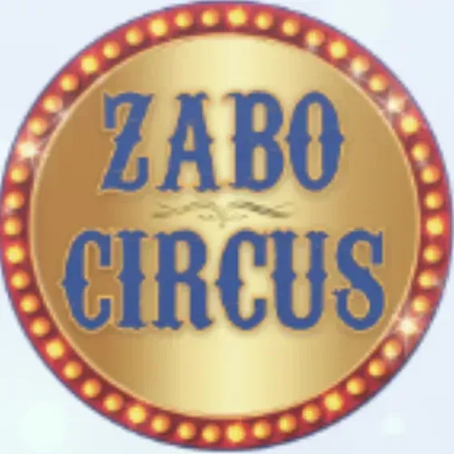 ZABO CIRCUS logo: blue text on gold, surrounded by a ring of lights.