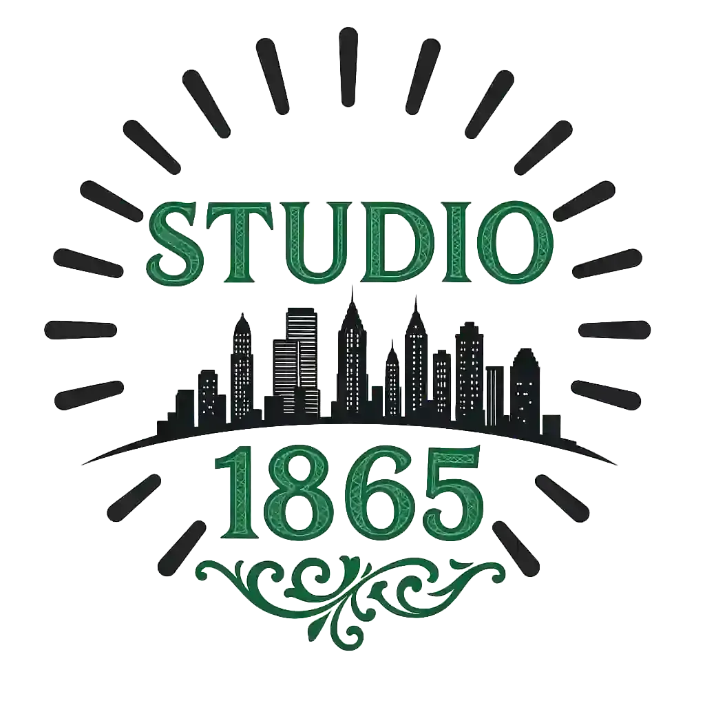 Studio 1865 logo with green text and skyline silhouette.