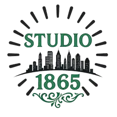 Studio 1865 logo with green text and skyline silhouette.