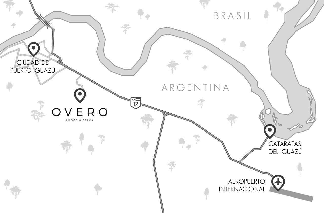 Mapa de la región de Iguazú mostrando la ubicación de Overo Lodge cerca de las Cataratas del Iguazú y el Aeropuerto.
