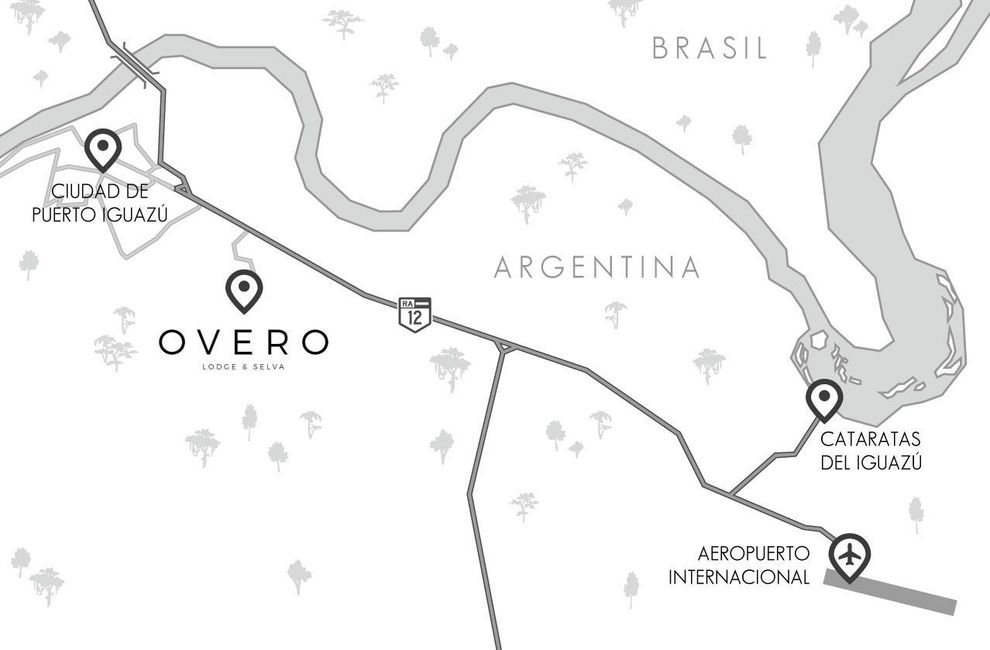 Mapa de la región de Iguazú mostrando la ubicación de Overo Lodge cerca de las Cataratas del Iguazú y el Aeropuerto.