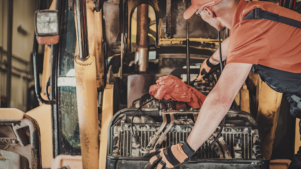 Worker in orange shirt inspecting machinery in an industrial workshop