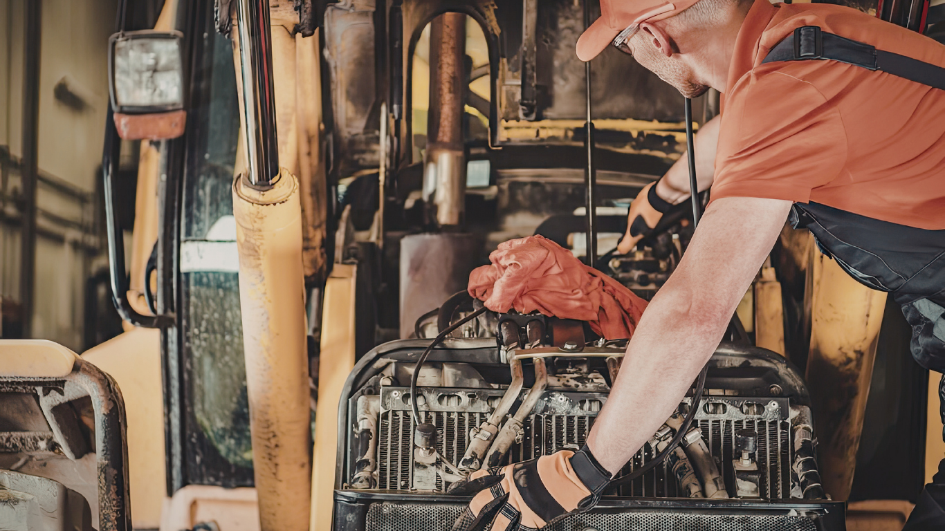 Worker in orange shirt inspecting machinery in an industrial workshop