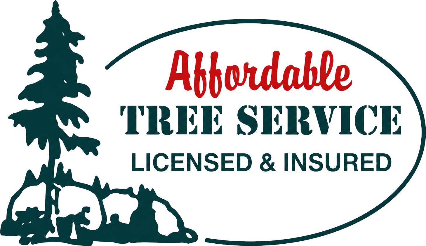 Affordable Tree Service logo with green pine tree and red and green text: licensed & insured