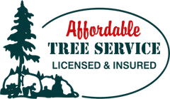 Affordable Tree Service logo with green pine tree and red and green text: licensed & insured
