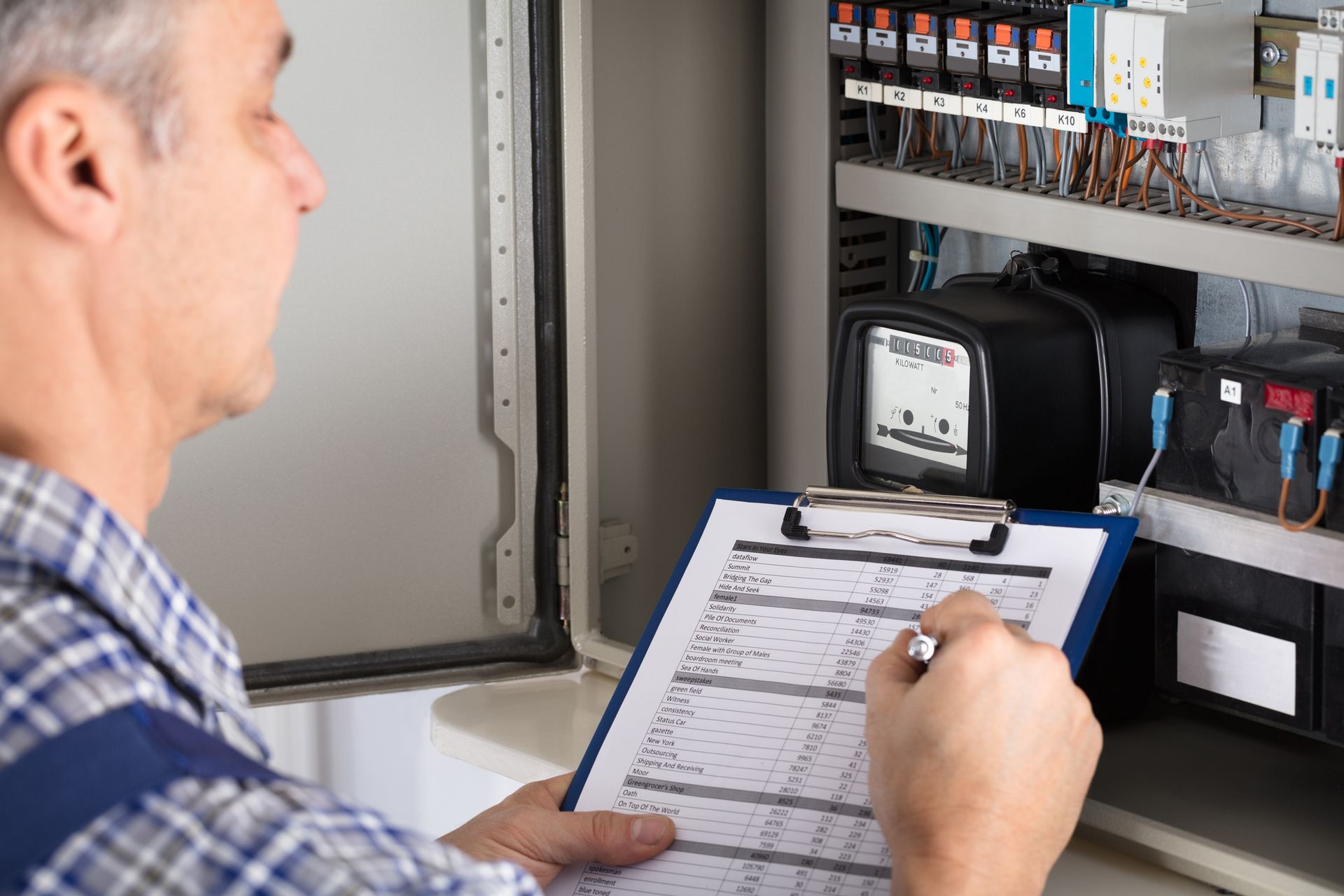 An electrician is examining an electrical panel, using a clipboard to take notes An electrician is examining an electrical panel, using a clipboard to take notes