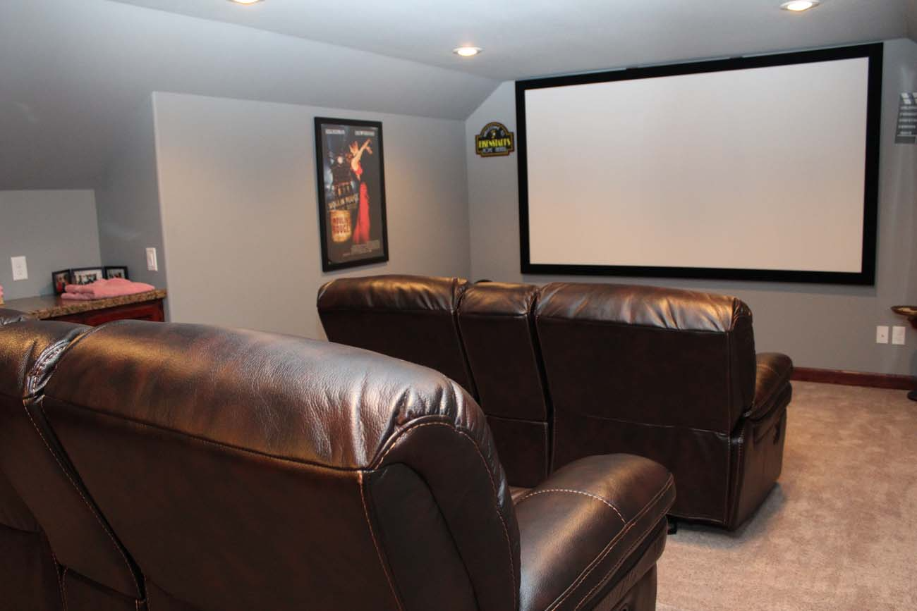 A home theater with a large screen and brown leather couches