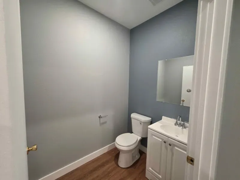 Small bathroom with toilet, vanity, mirror, and gray walls with wood floor.