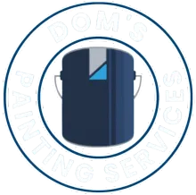Blue backpack-style logo inside a white circle with faint “DOM’S PAINTING SERVICES” text around it