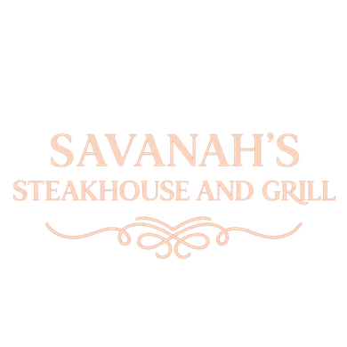 Savannah’s Steakhouse and Grill logo in soft peach with decorative flourish on a white background