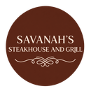 Brown circular logo for Savanah's Steakhouse and Grill in white text with decorative flourishes