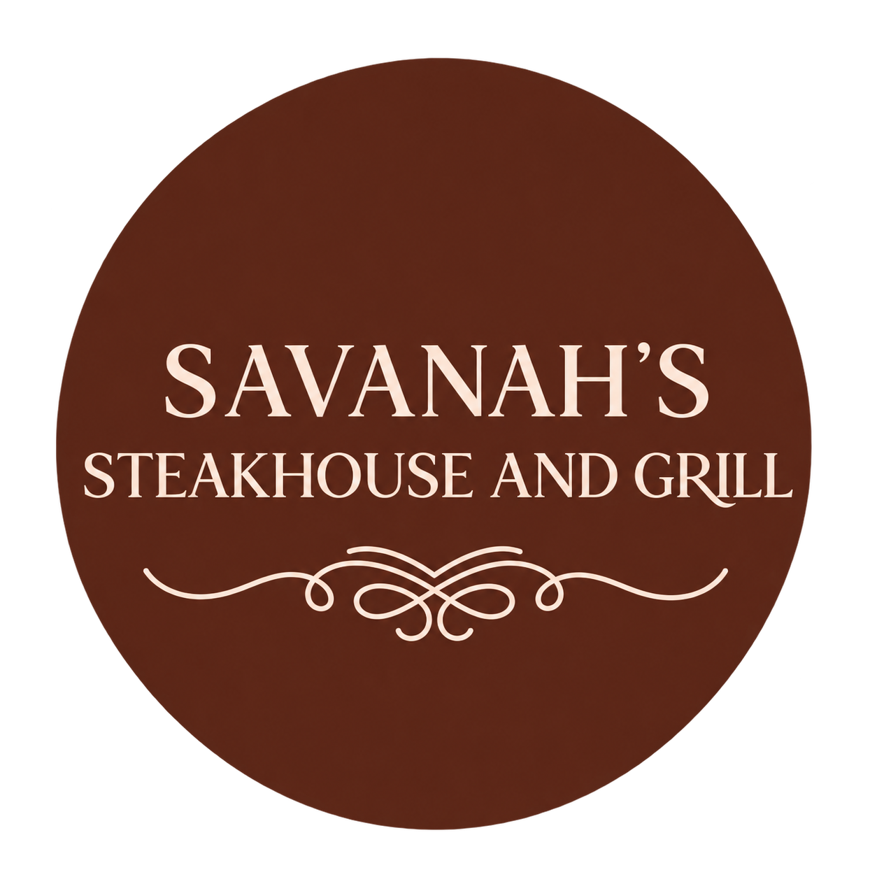 Brown circular logo for Savanah's Steakhouse and Grill in white text with decorative flourishes