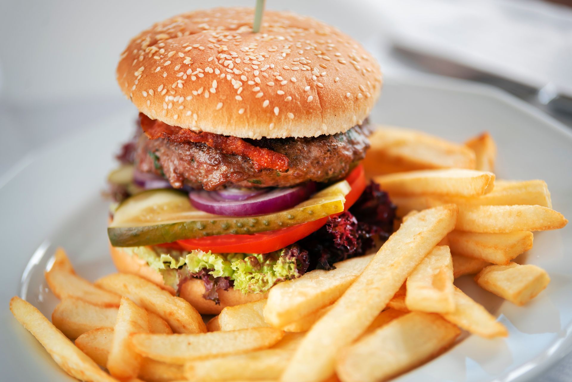 Burger with fries on a white plate